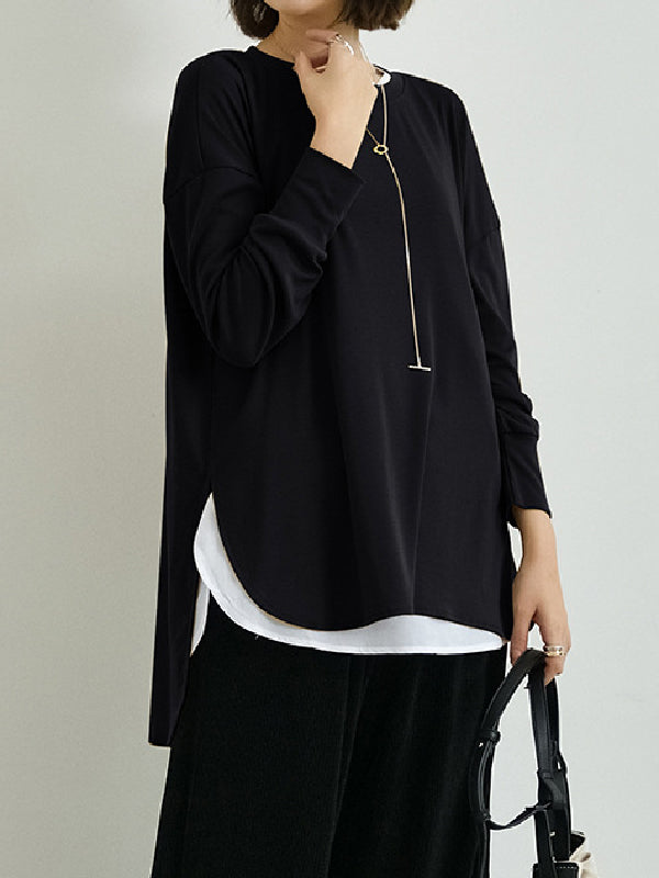 Simple Long Sleeves Loose Split-Side Solid Color Round-Neck T-Shirts Tops