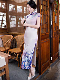Vintage Purple Print Stand Collar Long Cheongsam Dress