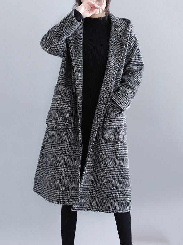 Loose Plaid Woolen Hood Coat