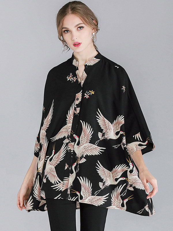 Original Crane Printed Buttoned Stand Collar Half Sleeves Blouse