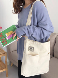 Simple Solid Color With-pockets Canvas Handbag