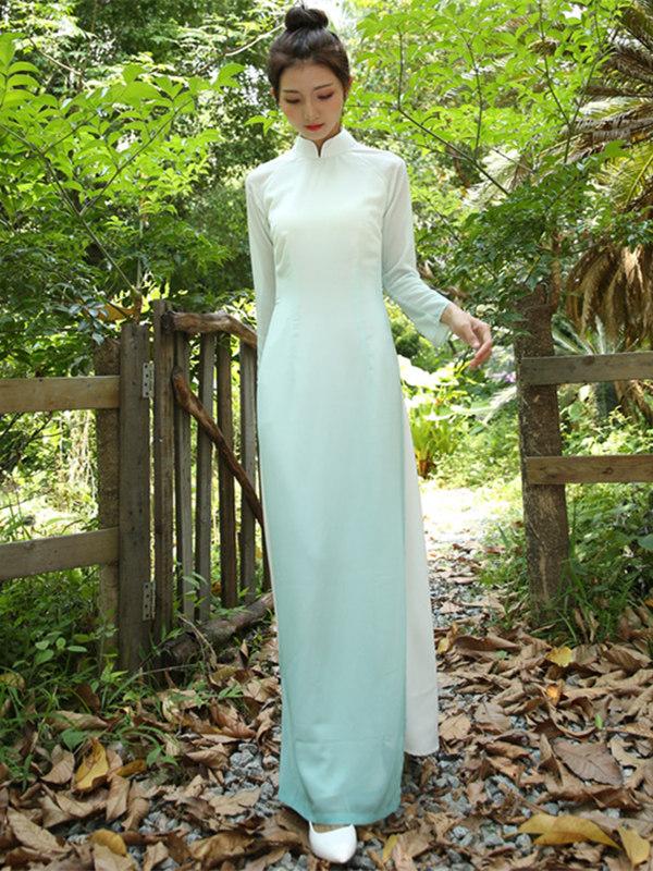Gradient Green Split-side Long Ao Dai Cheongsam Dress