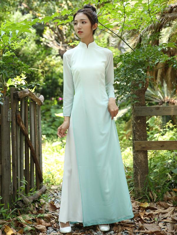 Gradient Green Split-side Long Ao Dai Cheongsam Dress