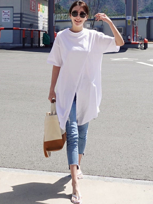 Solid Loose Simple Split-Front T-Shirt Top