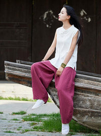 Burgundy&Navy Blue Ramie Cotton Casual Linen Bloomers Pants