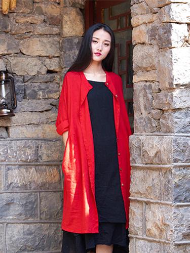 Soft Red Ramie Cotton Linen Cover-up Cardigan