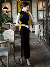 Black Velvet Lace Long Cheongsam Dress