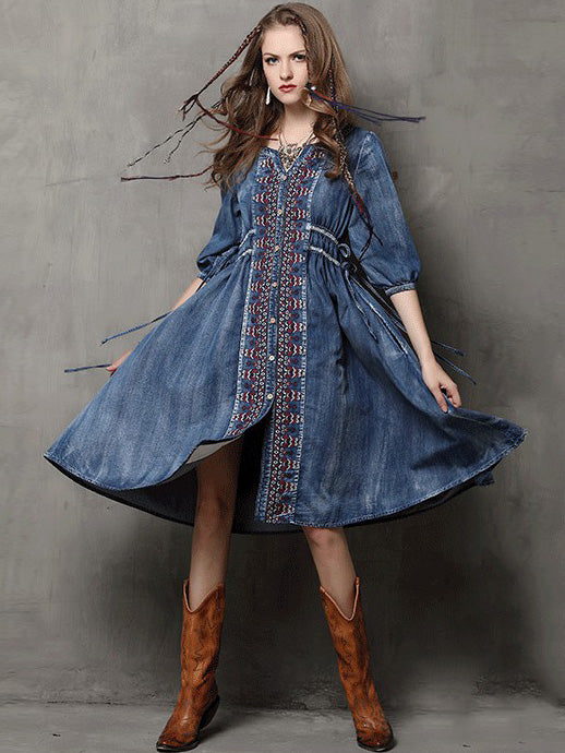 Vintage Oversize Embroidery Denim Dress
