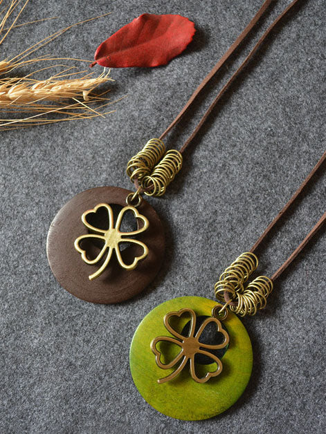 Vintage Wood Four Leaf Clover Necklace