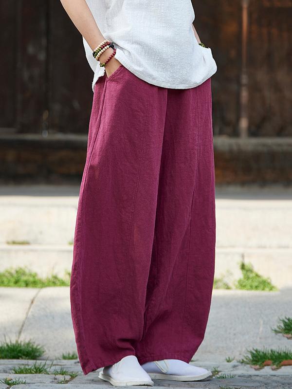 Burgundy&Navy Blue Ramie Cotton Casual Linen Bloomers Pants