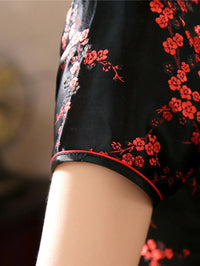Black Red-flower Print Split-side Long Cheongsam