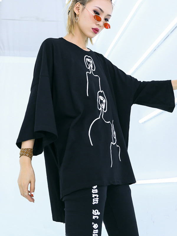 Embroidered Black&White Loose Round-Neck T-Shirt