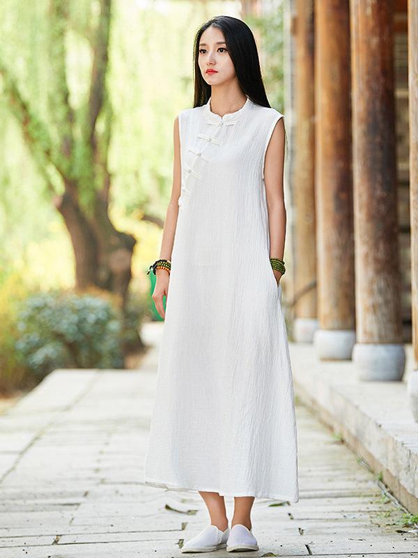 White Ramie Cotton Sleeveless Linen Dress
