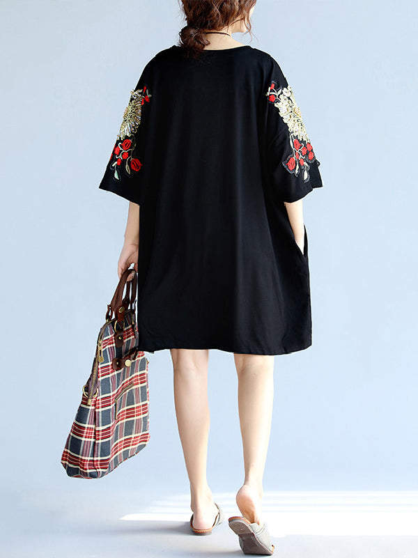 Loose Embroidery Black Midi Dresses